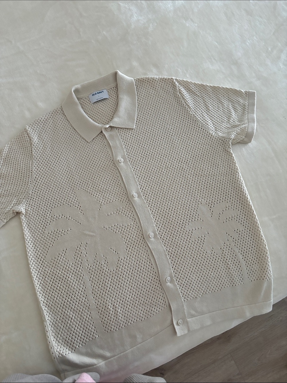 Old Navy Cream Open-Knit Polo with Palm Motif